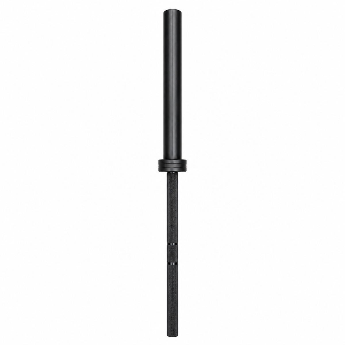 Full-length black Olympic barbell with knurled grip and black sleeves on a white background