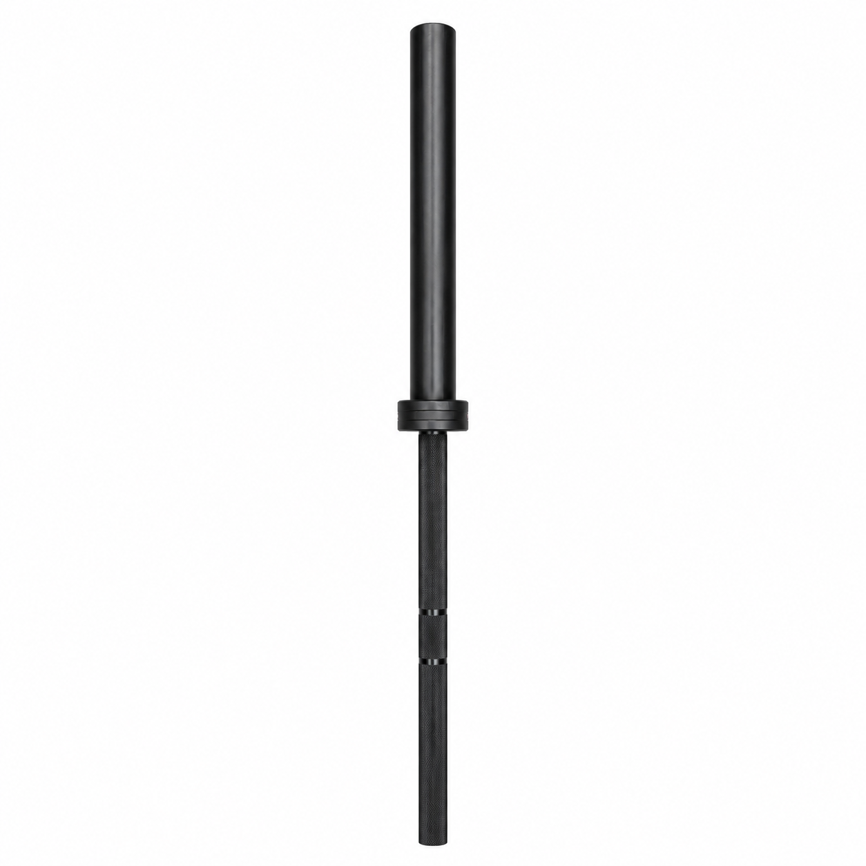 Full-length black Olympic barbell with knurled grip and black sleeves on a white background