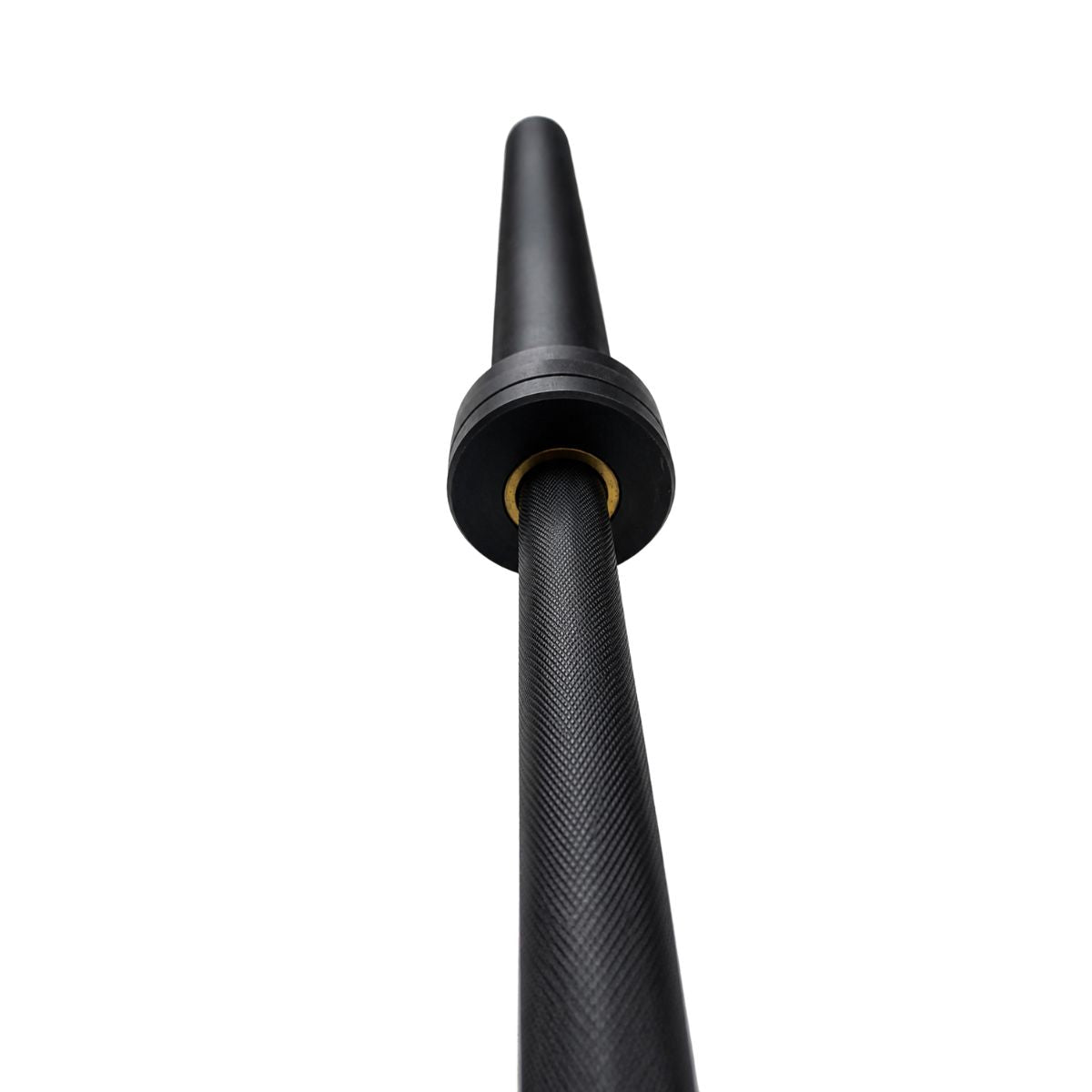 Black Olympic barbell close-up showing the knurled grip and rotating sleeve
