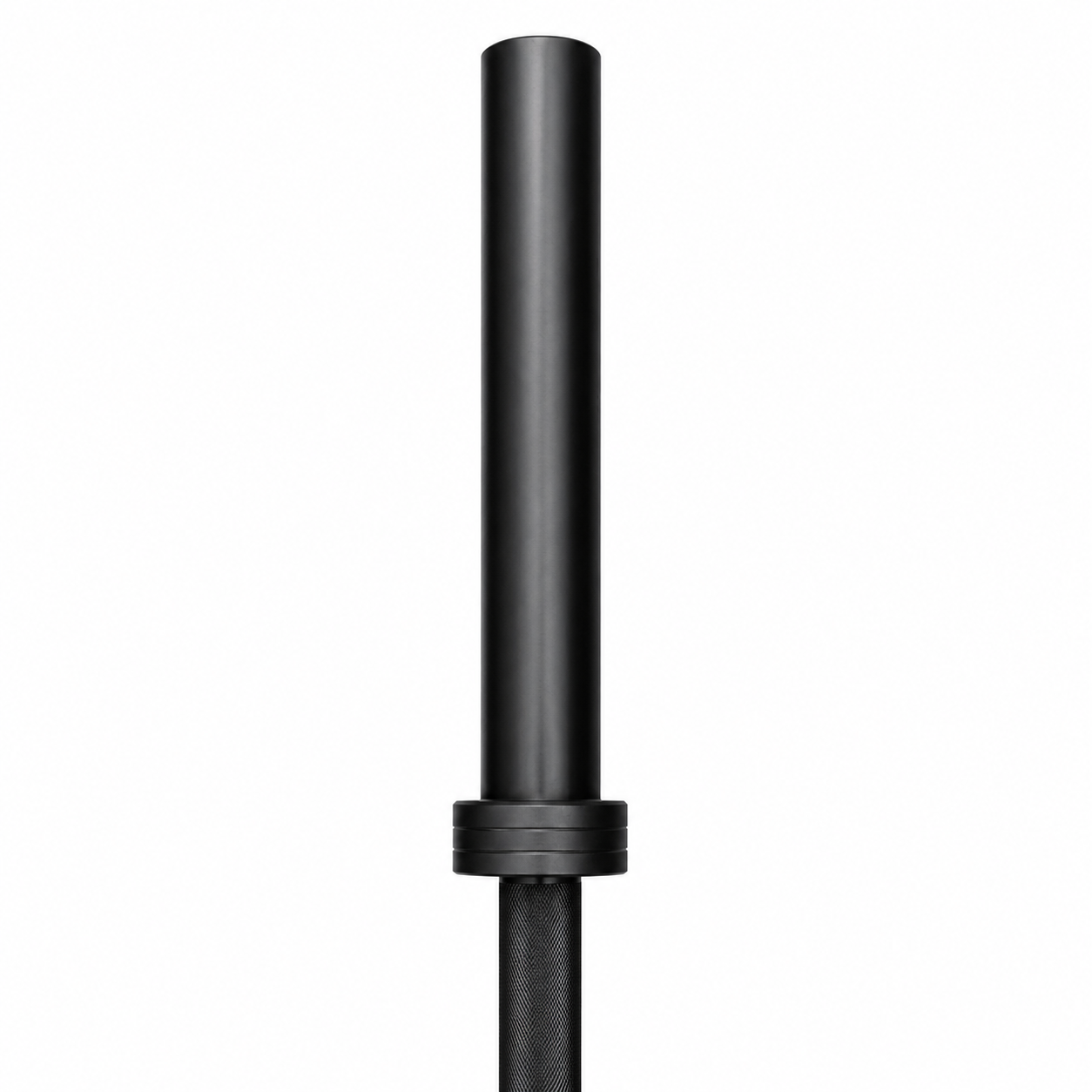 Black Olympic barbell sleeve and collar detail on a white background