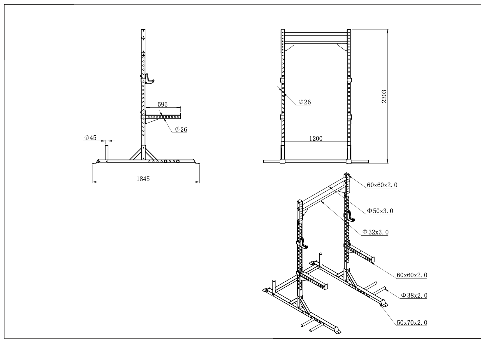 Commercial Half Power Rack - Squat Rack - 24/7 Gym Equipment