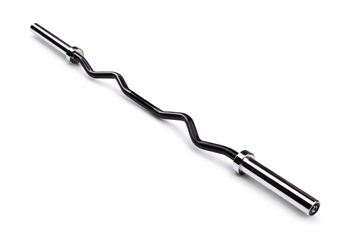 Commercial Olympic EZ Curl Bar with 50mm sleeves and chrome finish for bicep curls and tricep extensions.