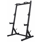 Full view of the Compact Commercial Half Squat Rack with a 350kg load capacity, featuring an open-frame design, J-hooks, and integrated weight plate holders.