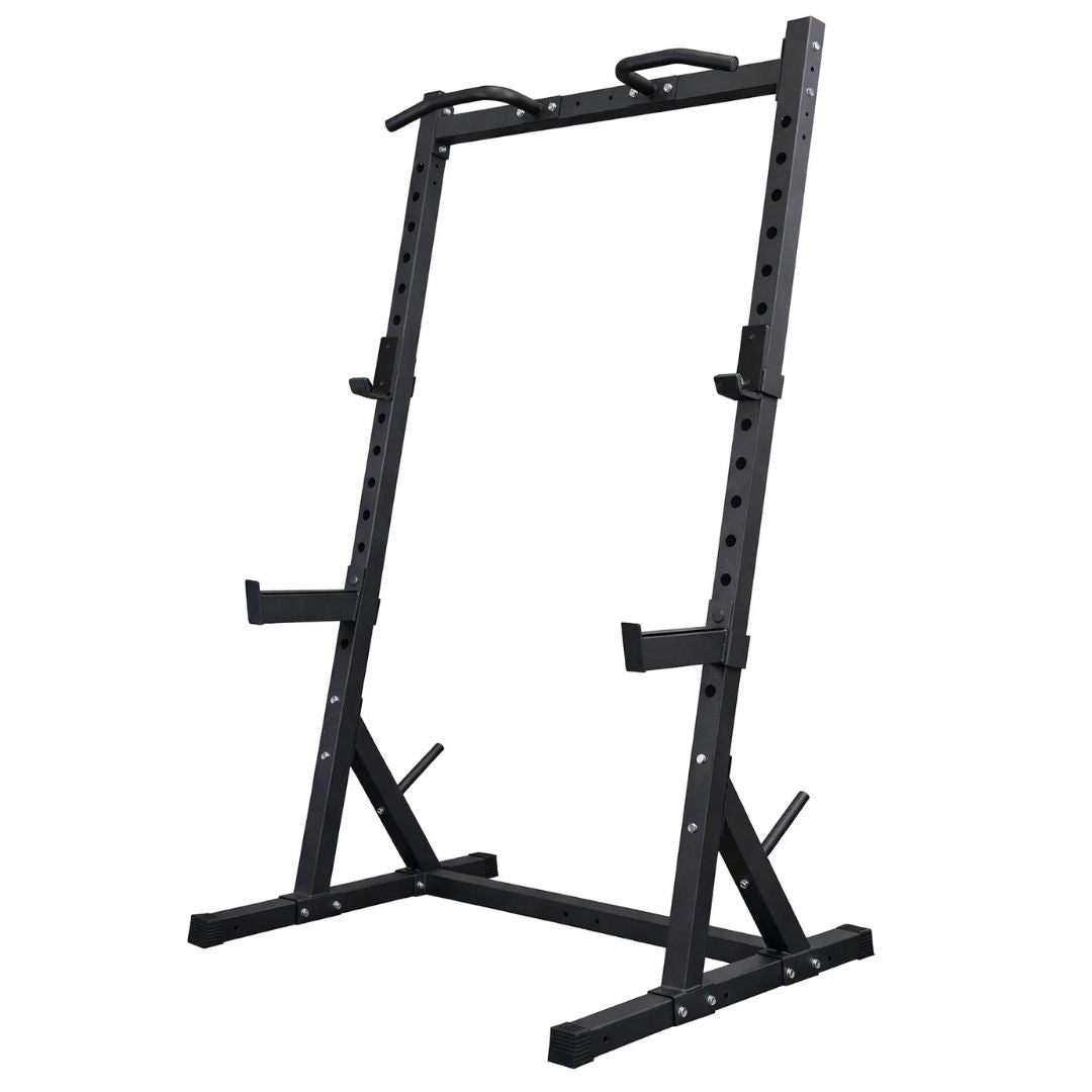 Full view of the Compact Commercial Half Squat Rack with a 350kg load capacity, featuring an open-frame design, J-hooks, and integrated weight plate holders.