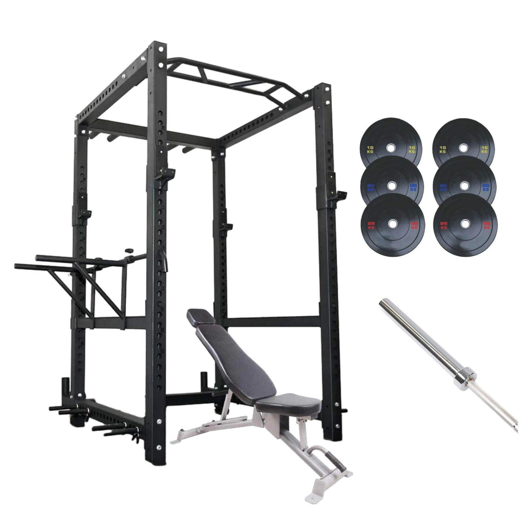 Heavy-duty Elite Commercial Power Rack made from 11-gauge 75mm steel with multi-grip pull-up bar and safety spotter arms.