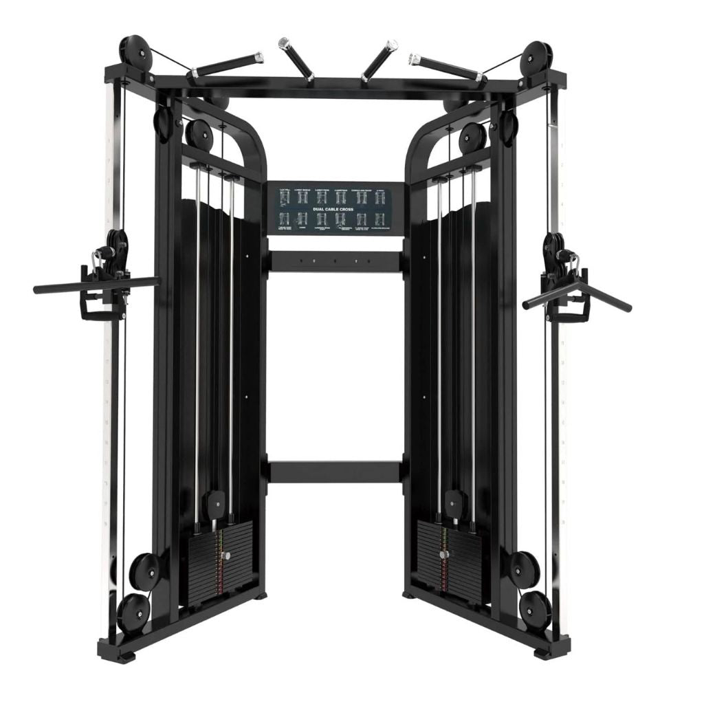 Commercial all-in-one multi function cable machine with dual adjustable pulleys, dual 80kg weight stacks and multi-grip chin up bar — Sydney showroom display unit
