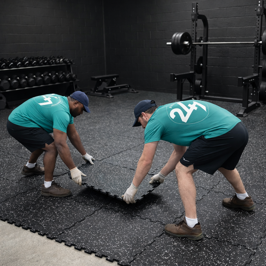 247 Gym Equipment installation team laying black rubber gym flooring tiles in a Sydney gym
