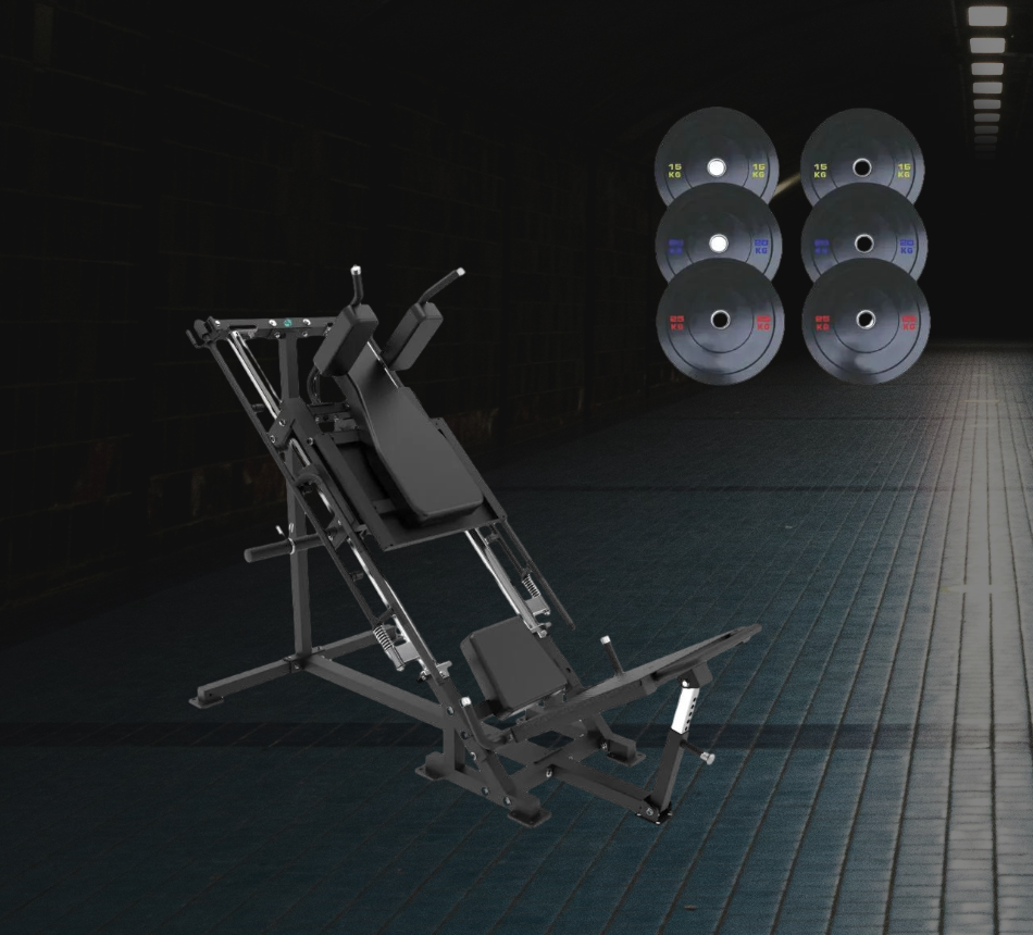 Leg press and hack squat machine with Olympic weight plates on a dark gym floor
