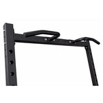 Close-up of the multi-grip chin-up bar attachment on the squat rack, showing the wide and narrow grip options for upper body strength training.