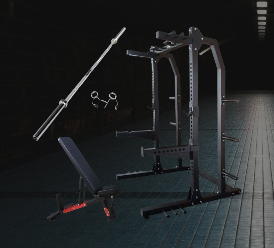 Commercial power rack with Olympic barbell, adjustable weight bench and accessories on dark gym floor