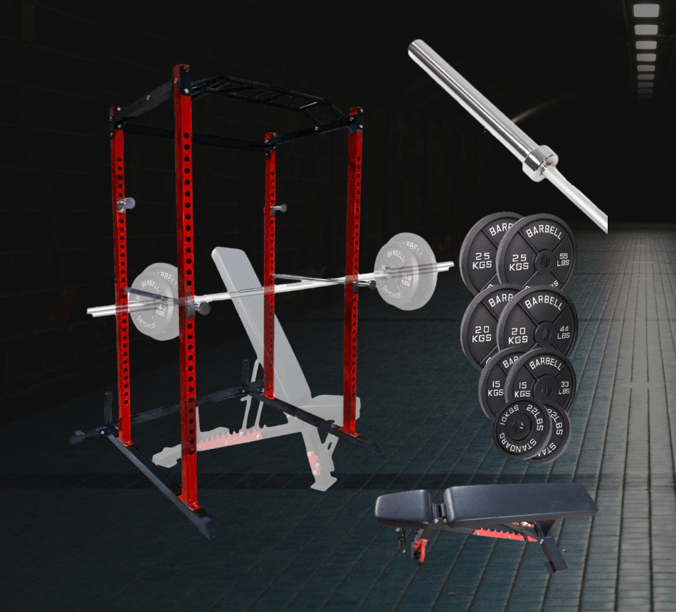 Power rack with Olympic barbell, weight plates and adjustable bench on a dark gym floor.