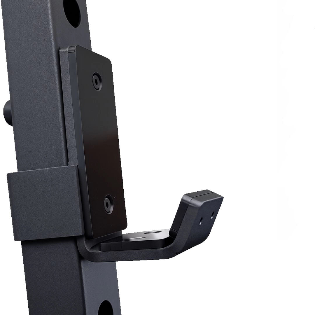 Detailed view of the reinforced steel J-Hook on a power rack, highlighting the secure locking mechanism and high-quality matte finish for barbell safety.