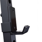 Detailed view of the reinforced steel J-Hook on a power rack, highlighting the secure locking mechanism and high-quality matte finish for barbell safety.