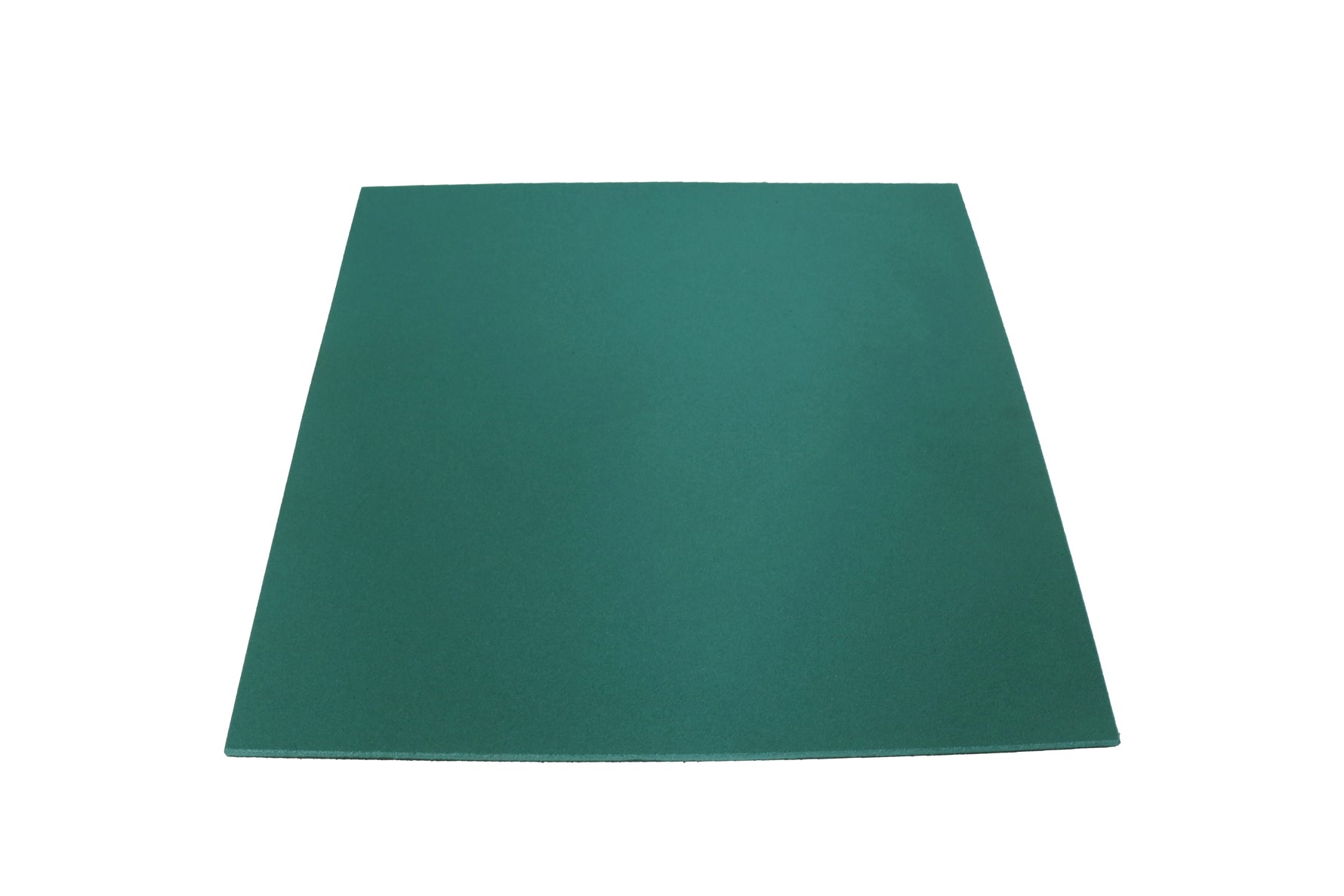 A single square of solid forest green rubber gym flooring shown from a perspective angle against a white background, highlighting its smooth matte finish and uniform thickness.