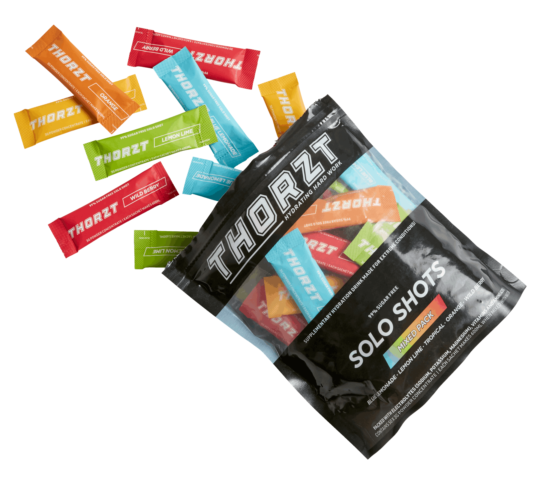 Thorzt Sugar - Free Electrolyte Solo Shot - Mixed Flavours 50 x 3g - 24/7 Gym Equipment