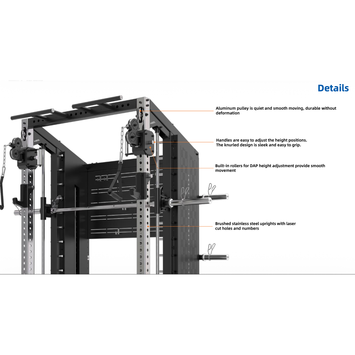 Xg75 functional trainer with smith machine A black multi-functional power rack with detailed callouts and text labels explaining its features, set against a plain white background.