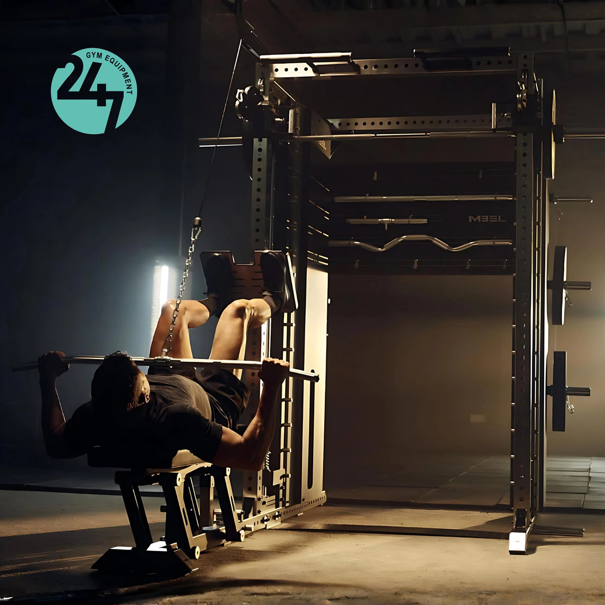 Person using the XG90 bench attachment and foot plate for a cable-assisted pressing exercise on the functional trainer.