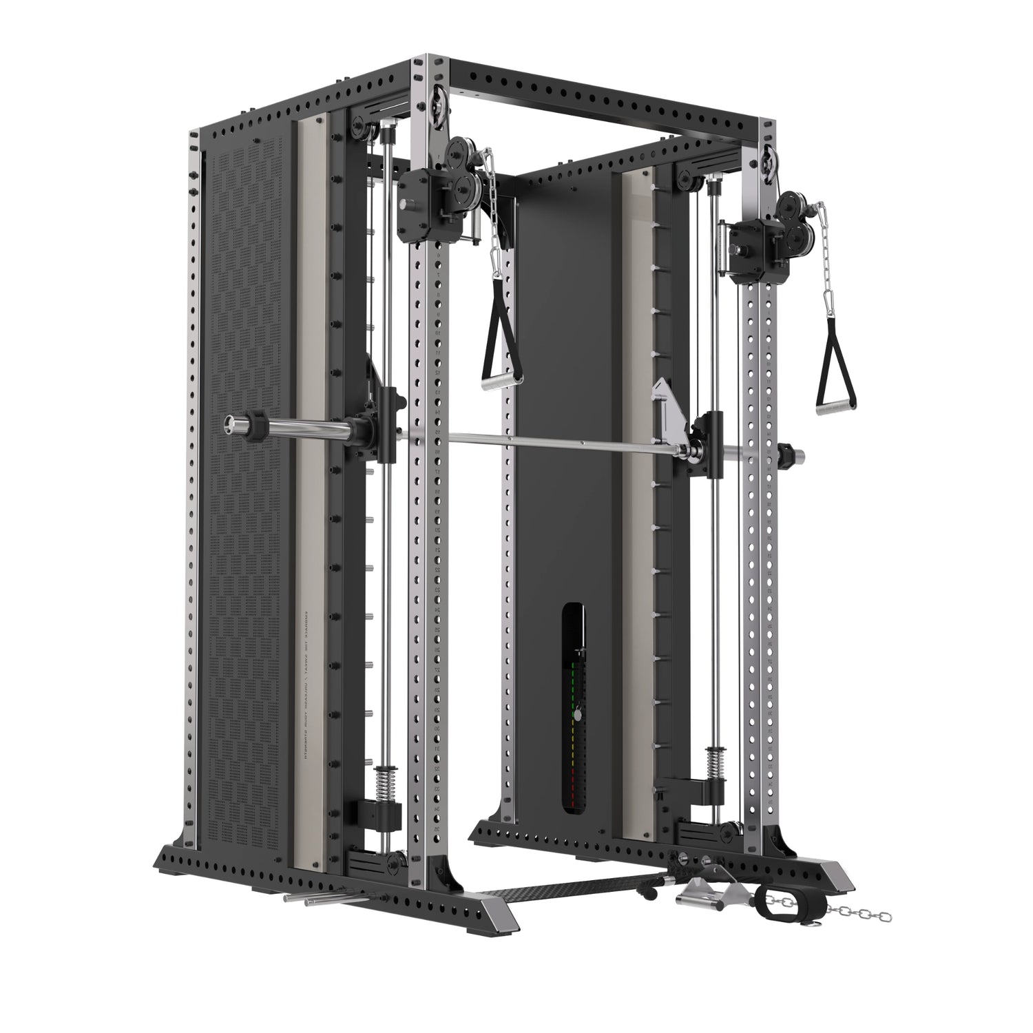 Side view of the XG90 Commercial Functional Trainer with dual 90 kg weight stacks, counter-balanced Smith machine and adjustable cable pulleys.