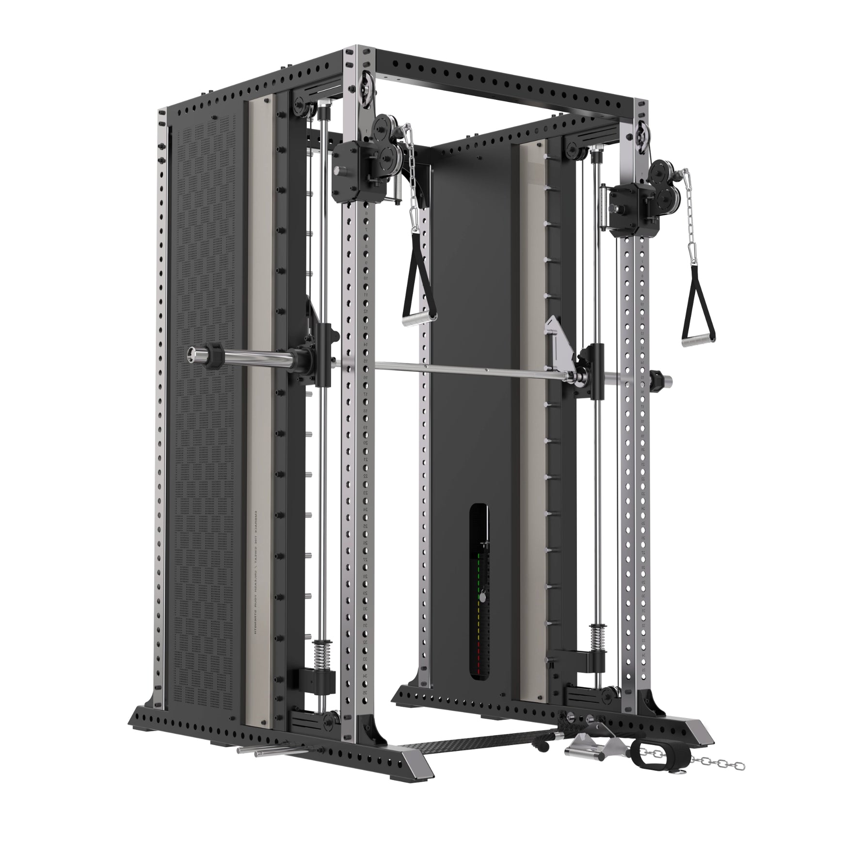 Side view of the XG90 Commercial Functional Trainer with dual 90 kg weight stacks, counter-balanced Smith machine and adjustable cable pulleys.