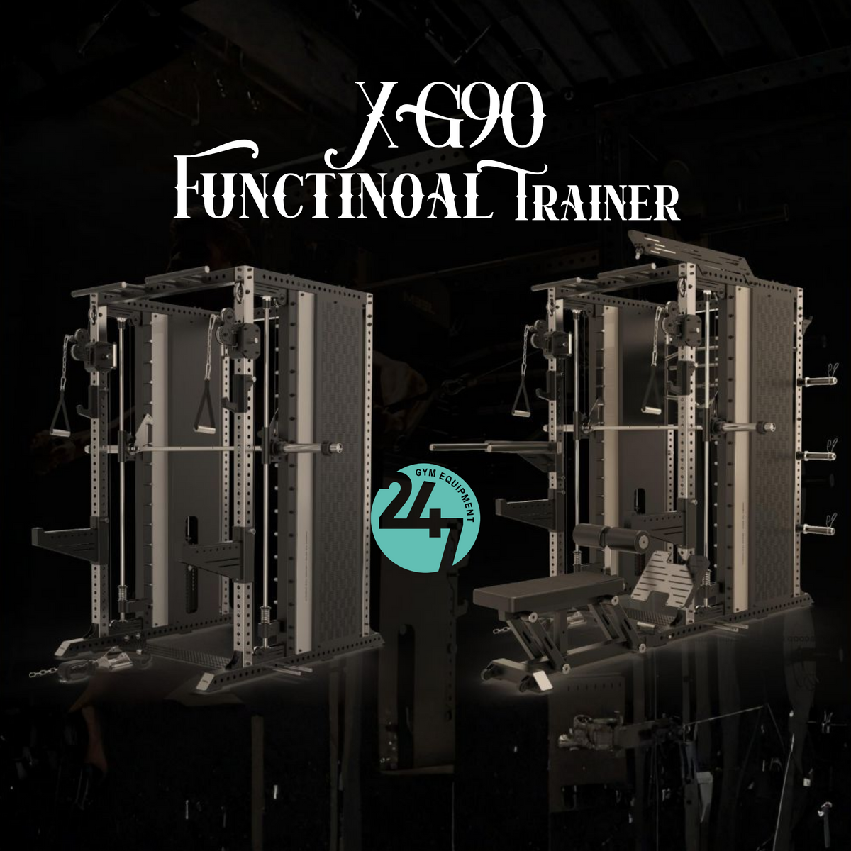 XG90 functional trainer shown in standard configuration and fully equipped with bench, foot plate, lat pulldown, dip handles and storage attachments.