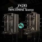 XG90 functional trainer shown in standard configuration and fully equipped with bench, foot plate, lat pulldown, dip handles and storage attachments.