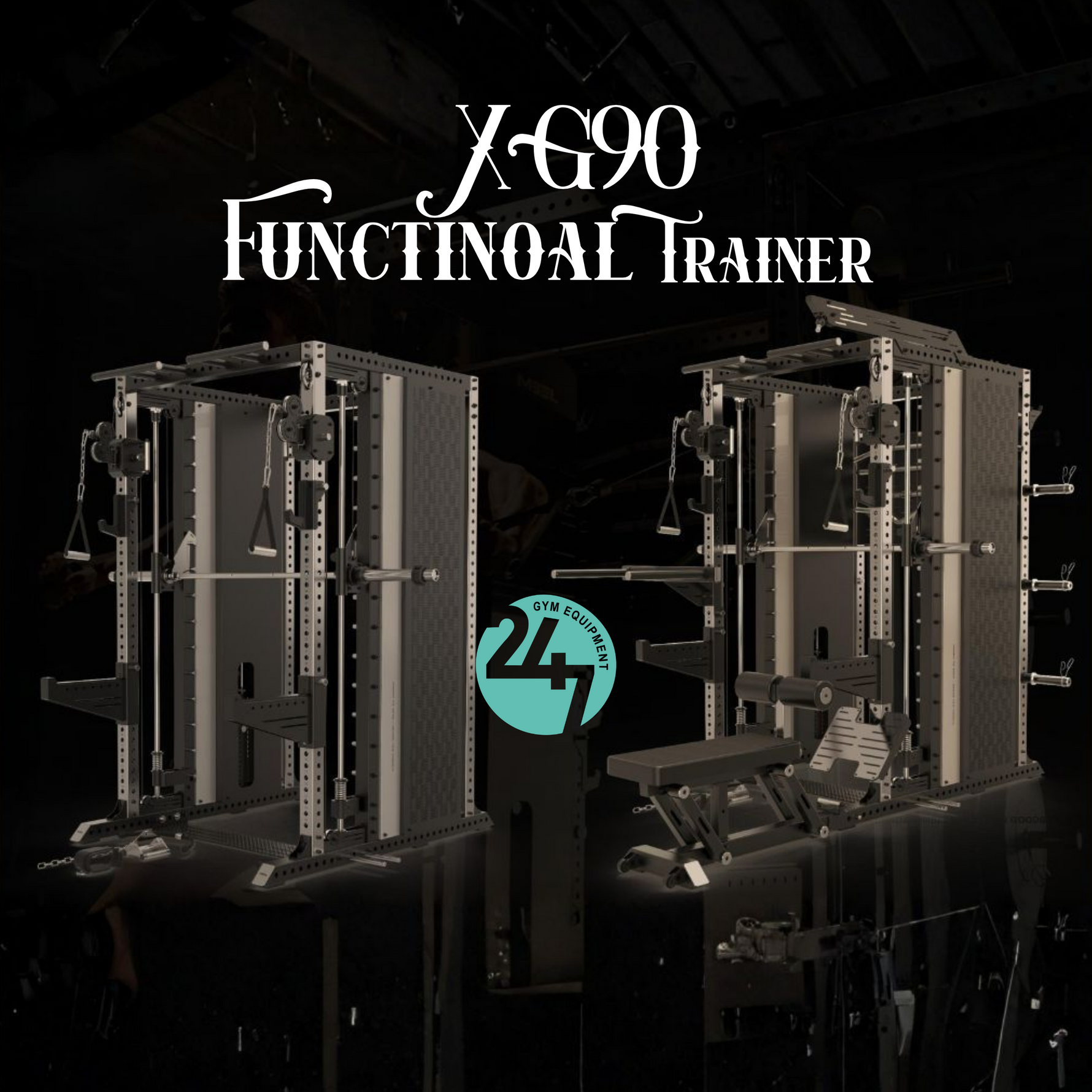 XG90 functional trainer shown in standard configuration and fully equipped with bench, foot plate, lat pulldown, dip handles and storage attachments.