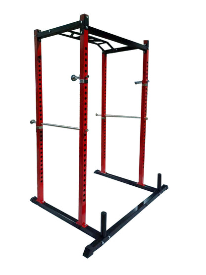 V2 Standard Squat Power Rack with dual pull-up bars, J-Hooks, and safety bars. Best value power rack for home and commercial gyms. Features sturdy 50x50mm uprights, Olympic plate holders, multi-grip pull-up bar, and plastic-lined J-cups. Dimensions: 210cm Height x 122cm Width x 122cm Depth. Durable red steel construction for intense workouts.